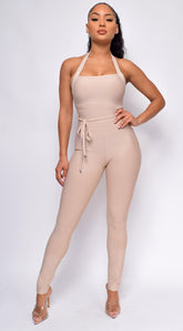 Emmi Nude Waist Cinching Halter Bandage Jumpsuit
